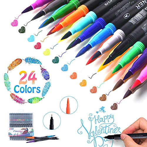 Product Cover LOBKIN Dual Markers Calligraphy Brush Pen, Dual Tip Pastel Colored Pen Fine Point Brush Tips & Colored Fine Point Pen Set for Lettering Writing Coloring Drawing,Planner Art Supplier 24 Pack Colors (A)