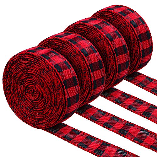 Product Cover URATOT Red and Black Plaid Burlap Ribbon Christmas Wired Ribbon Wrapping Ribbon for Christmas Crafts Decoration, Floral Bows Craft, 236 by 0.98 Inch, 4 Rolls