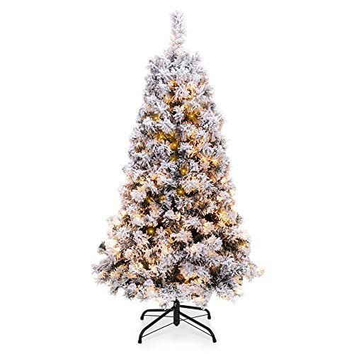 Product Cover Best Choice Products 4.5ft Pre-Lit Snow Flocked Hinged Artificial Christmas Pine Tree Holiday Decor w/ 200 Warm White Lights