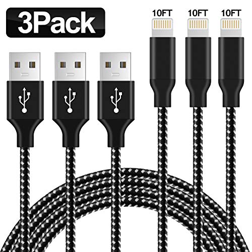 Product Cover TDNH MFi Certified iPhone Charger 3Pack 10FT Extra Long Nylon Braided USB Charging & Syncing Cord Compatible iPhone 11 Pro Max/11 Pro/11/Xs/Max/XR/X/8/8 Plus/7/7 Plus/6S/6S Plus/SE/iPad Black White