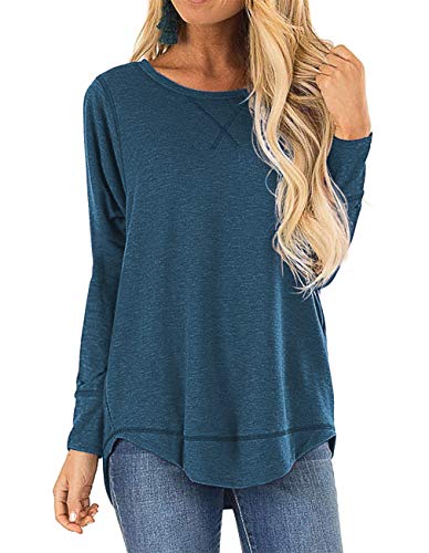 Product Cover LEXISLOVE Womens Long Sleeve Tops Casual Tee Shirts Round Neck Loose Fits Side Split Tunic Tops for Leggings Blue XL