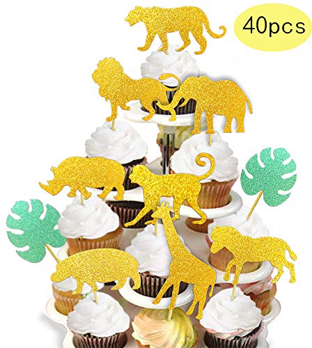 Product Cover ALISSAR 40-Pack Glitter Safari Jungle Animal Cupcake Toppers with Leaves, Safari Jungle Theme Baby Shower Party Cake Food Decoration Supplies