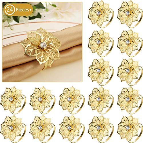 Product Cover 24 Pieces Valentine's Day Napkin Rings Alloy Napkin Rings with Hollow Out Flower Napkin Holder Adornment Exquisite Household Napkins Rings Set Floral Rhinestone Napkin Rings for Wedding Decor (Gold)