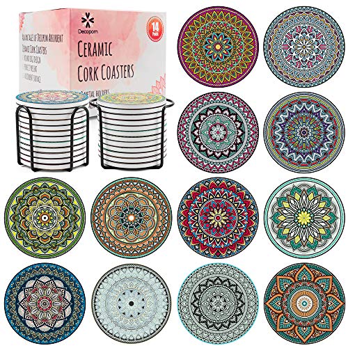 Product Cover Decopom Drink Coasters Stone Mandala with Holders - 14 Pack Cute Cool Drink Coasters Absorbent Ceramic Round Edge with Cork Base and 2 Black Iron Holders for Apartment Table Bar Mugs Glasses Cup Beer