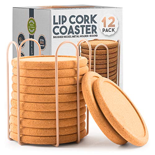 Product Cover Lip Cork Coasters with Gold Holder | Absorbent Table Rustic Drink Round Cork Suitable for Bar Outdoor and Indoors | Furniture Protectors Fits for Cup Glass Mugs for Beer Wine Cocktail with Caddy