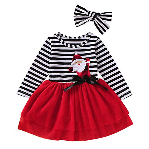 Product Cover HIRIRI Toddler Baby Girls Christma/Valentine's Day Outfits Santa Striped Print Long Sleeve Tulle Dress+Headband Clothes Set