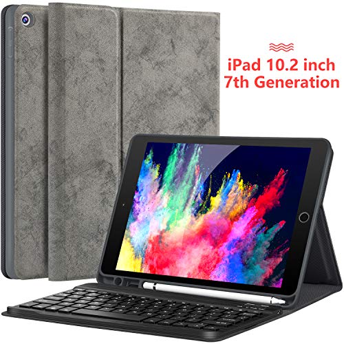 Product Cover iPad 10.2 Case with Keyboard for iPad 7th Generation 10.2 2019 - Detachable Wireless Keyboard with Pencil Holder Stand Folio Cover iPad 10.2 Inch 7th Gen 2019, Gray