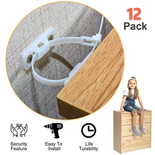 Product Cover Furniture Straps Baby Proofing, (12 Packs) Adjustable Furniture Anchors for Child Safety, Anti Tip Furniture Wall Anchor for TV Cabinets Drawer Bookshelf, Nylon