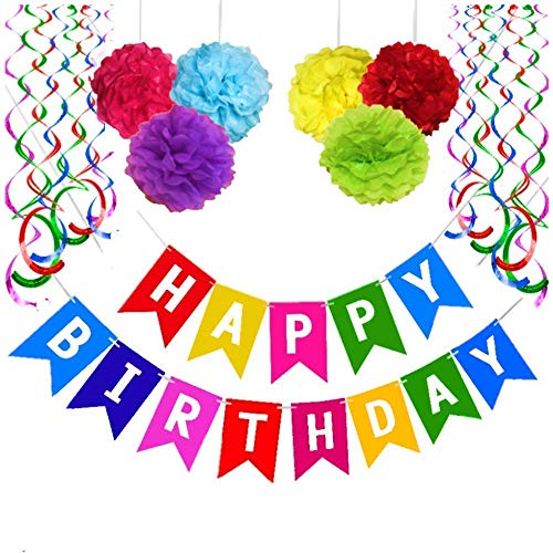 Product Cover Colorful Happy Birthday Banner, With 6 Tissue Pom Pom Color Pink, Red And Blue, And Yellow And Purple, And Green, With 6 Hanging Swirls, For Birthday Decorations