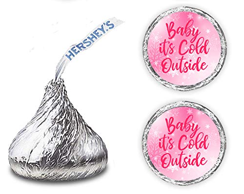 Product Cover Pink Baby its Cold Outside Kisses Stickers, (Set of 216), Snowflakes Baby Shower Chocolate Drops Labels Stickers Hershey's Kisses Party Favors Decor