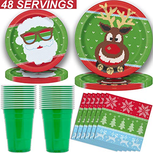Product Cover Ugly Christmas Sweater Party Supplies for 48 - Dinner Plates, Dessert Plates, Napkins, Cups - Disposable Holiday Dinnerware Set with a Funny Theme Featuring Santa Claus, a Reindeer and more