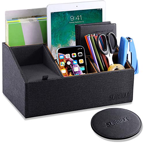 Product Cover Sunewlx Desk Organizer, Handmade Premium Leather Desktop Organizer/Bedside Table Organizer with Cover for Office & Home, 6 Compartments & Large Capacity, Perfect Gift Idea (Black)