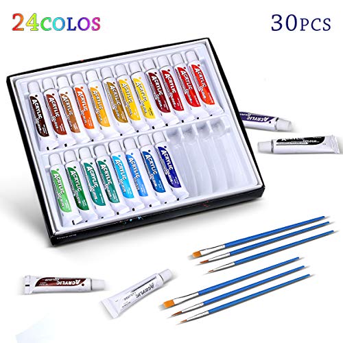 Product Cover Acrylic Paint Set, NASUM 24 Color Tubes of 0.4 oz (12 ml) & 6 Painting brush, Art Set for Kids, Students, Beginners, Artists, Craft Supplies Painting Ceramic, Glass, Wood, Fabric, Canvas