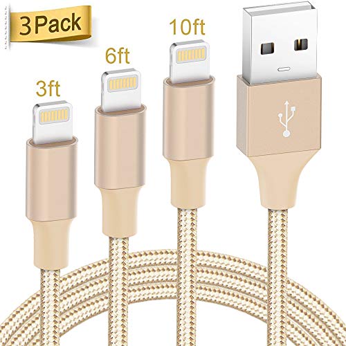 Product Cover Lightning Cable Apple Certified - Quntis iPhone Charger 3Pack 3ft 6ft 10ft Nylon Braided USB Fast Charging Cord Compatible with iPhone 11 Pro X Xs Max XR 8 7 6 Plus iPad Pro Airpods and More, Gold