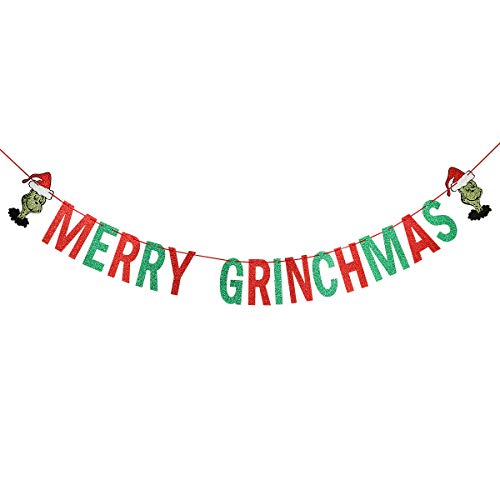 Product Cover Red & Green Glittery Merry Grinchmas Banner- Christmas Holiday Party Decorations,Xmas Party Decor,New Years Party,Home Decor