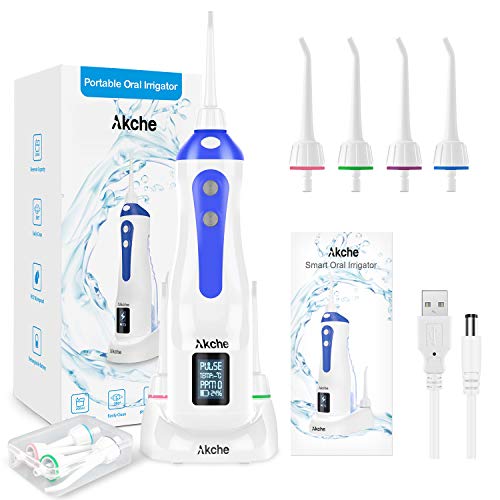 Product Cover Akche Dental Water Flosser,Rechargeable Cordless Oral Irrigator with Wireless Quick Charge Station,IPX7 Waterproof,with OLED Screen Display (Displays Water Temperature/PPM Value),3-Mode Portable 200ML