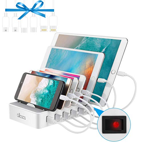 Product Cover allcaca Fast Charging Station for Multiple Devices-Charging Station Family Charge Docking Station & Organizer with 6 USB Ports Mixed Cables-Compatible with iPhone iPad and Android Phone and Tablet