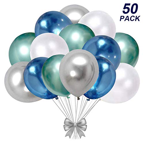 Product Cover Blue and silver Metallic Chrome Latex Balloons, 50pcs 12 Inch Green Metallic Balloons White Latex Party Balloons for Bridal Shower Wedding Birthday Graduation Valentine's Day Party Decoration