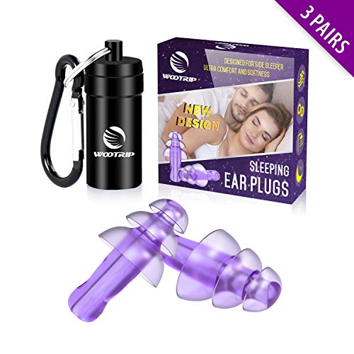 Product Cover Ear Plugs for Sleeping, WOOTRIP 3 Pairs Christmas Tree Shape Reusable Noise Reduction Ear Plugs Perfect for Side Sleeper with Aluminum Carry Case for Sleeping, Snoring, Hearing Protection (Purple)