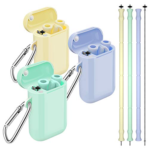 Product Cover Comvin Collapsible Silicone Straws, 3 Pack Reusable Portable Travel Straw with Case and Brush, BPA Free for Cold or Hot Drinks Like Lemonade, Sodas, or Coffee, Cream Yellow, Lavender, Mint Green