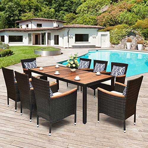 Product Cover Tangkula 9 Piece Outdoor Dining Set, Garden Patio Wicker Set w/Cushions, Patio Wicker Furniture Set with Acacia Wood Table and Stackable Armrest Chairs