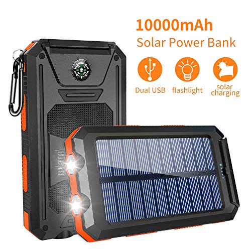 Product Cover GRDE Solar Charger,10000mAh Solar Power Bank Portable External Backup Battery Pack Dual USB Solar Phone Charger with 2LED Light Carabiner and Compass for iPhone Series, Smartphones, More