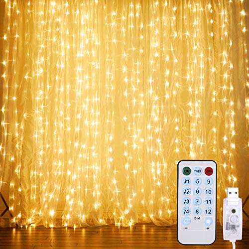 Product Cover 2019 New Curtain String Lights,Music Control Window String Lights 300 LED Fairy Twinkle Lights with 8 Modes Fit Bedroom Wedding Party Backdrop Outdoor Indoor Wall Decoration(Warm)