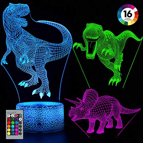 Product Cover Balhvit 3D Dinosaur Night Light for Kids, Best Christmas Holiday Gift for Boys and Girls, 16 Colors & 3 Pattern Change Dinosaur Light, 3D LED Illusion Lamp with Remote Control for Children' s Bedroom