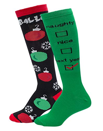 Product Cover Mens & Womens Fun Novelty Holiday Christmas Hanukkah Socks-Knee Highs and Over The Knees (One Size Fits Most (Shoe-4-10), Christmas 2 Pair Knee Highs Naughty or Nice/Ballin)