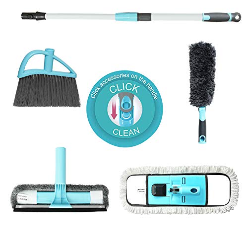 Product Cover Guay Clean Home Cleaning Kit with Telescopic 4 Ft Pole - Includes: Microfiber Mop 360 Degrees Rotatable Duster Broom and 2-in1 Window Cleaner - 4 Piece Multi-Function Attachments - Blue
