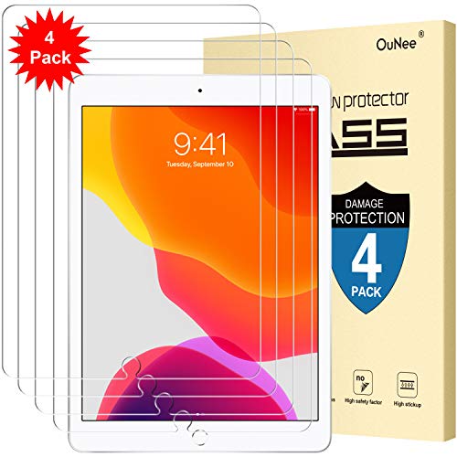 Product Cover [4 Pack] OuNee Screen Protector for iPad 7th Generation 2019 Release (10.2 Inch, iPad 7, 2019 / iPad Air 3 2019 / iPad Pro 10.5), Tempered Glass, 9H Hardness, HD Clear, Scratch Resistant, Bubble Free, Apple Pencil Compatible