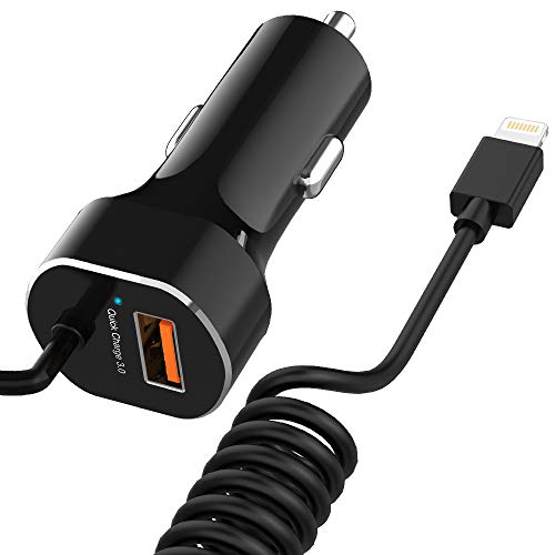 Product Cover iPhone Car Charger, 30W/4.8A Quick Charge 3.0 USB Car Charger Adapter with Coiled Cable Compatible iPhone XR/XS/X/8/7/6/6S Plus 5S/5C/SE, iPad Air Mini Pro (Black)