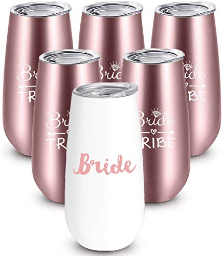 Product Cover Bride to Be Champagne Flute | 6 oz Bride Tribe Stainless Steel Wine Tumblers | Engagement Wedding Gifts Bridesmaids Mugs Bachelorette Party Supplies & Games | Insulated Skinny Rose Gold Cups