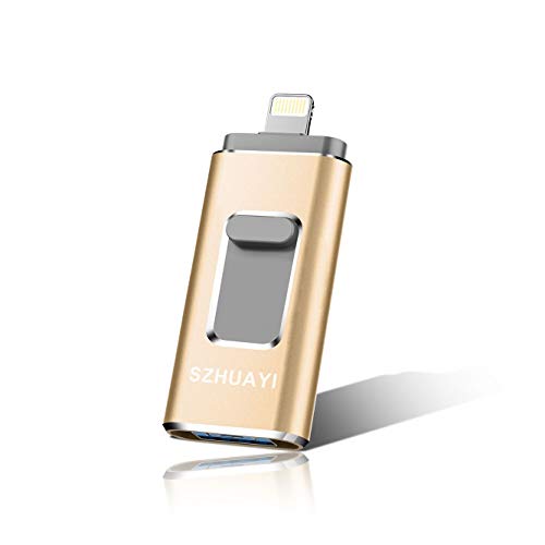 Product Cover iOS Flash Drive for iPhone Photo Stick 256GB SZHUAYI Memory Stick USB 3.0 Flash Drive Lightning Thumb Drive for iPhone iPad Android and Computers (Gold-256gb)