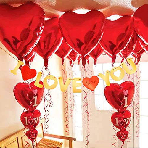 Product Cover Valentines Day Balloons 32PCS I LOVE YOU Balloons Heart Balloons and I LOVE YOU Banner, Valentines Day Balloons and Banner Decorations for Wedding Anniversary Birthday Baby Shower