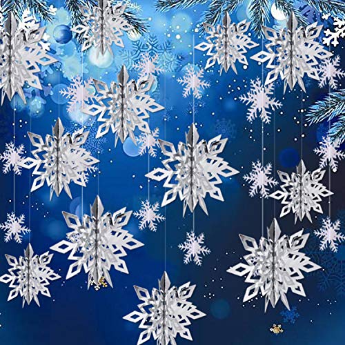 Product Cover Winter Christmas Hanging Snowflake Decorations - 12PCS 3D Large Silver Snowflakes & 12PCS White Paper Snowflakes Hanging Garland for Christmas Winter Wonderland Holiday New Year Party Home Decoration