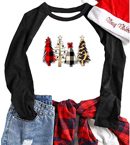 Product Cover Womens Christmas Shirts Plaid Printed Tree 3/4 Sleeve Baseball T Shirts Tops Blouses