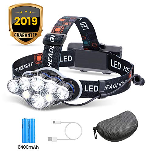 Product Cover Headlamp, OUTERDO 13000 Lumens 8 LED Headlamp Rechargeable Headlight Flashlight with USB Cable 2 Batteries, 8 Modes Waterproof Head Lamp with Red Light for Outdoor Camping Cycling Running Fishing