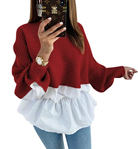 Product Cover KIRUNDO 2019 Women's Peplum Tops Long Batwing Sleeves Sweaters Crew Neck Patchwork High Waist Solid Tunic Shirts Blouses