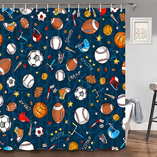 Product Cover JAWO Sports Shower Curtain for Kids Children Teens, Basketball Football Baseball Hockey Star Pattern Blue Bathroom Decor, Fabric Shower Curtain Hooks Include, 70 in