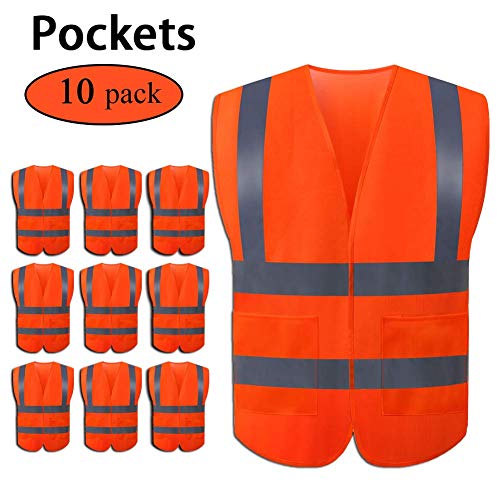 Product Cover JSungo High Visibility Orange Safety Vest 10 Pack, ANSI Class 2 Identification Security Vest with 4 Reflective Silver Strips, Velcro Construction Vest for Night Running, Jogging, Cycling Walking