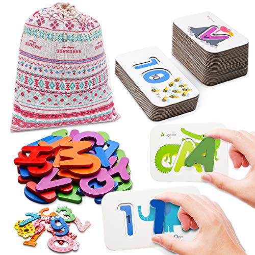Product Cover Numbers and Alphabets Flash Cards Toddlers ABC Wooden Jigsaw Puzzle Letters Preschool Kindergarten Educational Matching Game Montessori Toys Gift for Kids Toddlers Age 3 4 5 6 7 8