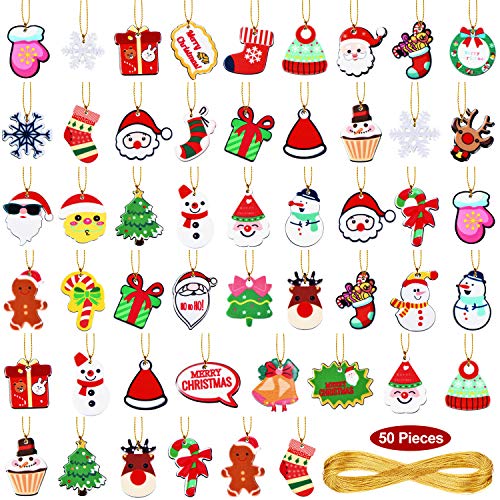 Product Cover BBTO 50 Pieces Mini Resin Christmas Ornament Christmas Miniature Ornament Kit Resin Snowflake Snowman Santa Ornament with 328 Feet Golden Twine for Christmas Tree Gift Decoration Style