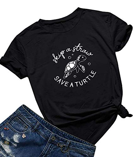 Product Cover Skip A Straw Save A Turtle T Shirt Women Cute Graphic Shirt Ocean Environment Awareness Lovers Tops
