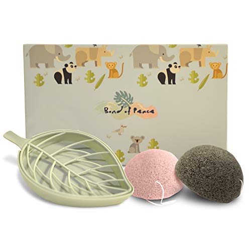Product Cover Bond of Peace Konjac Sponge Set Bundle with Sponge Dish - Black and Pink Facial Sponges with Bamboo Charcoal For Exfoliating And Cleansing