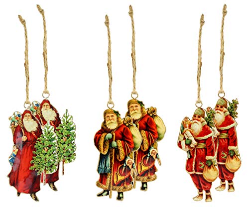 Product Cover AuldHome Vintage Santa Christmas Ornaments (3 Designs, 6 Ornaments Total); Nostalgic Retro Tree Decorations in Metal Frames
