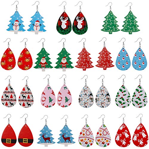 Product Cover 15 Pairs Christmas Earrings Faux Leather Earrings for Women- White Christmas Gfit for Teen Girls-Teardrop Long Dangle Earrings Lightweight Christmas Tree Earrings Christmas Party Costume Decorations