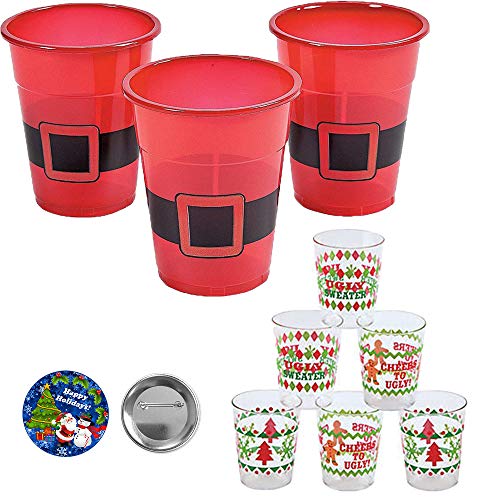 Product Cover Fun Christmas and Holiday Drinking Party Pack With 50 Reusable Plastic Santa Cups and 24 Ugly Sweater Plastic Shot Glasses Perfect For Large Holiday Home or Office Parties