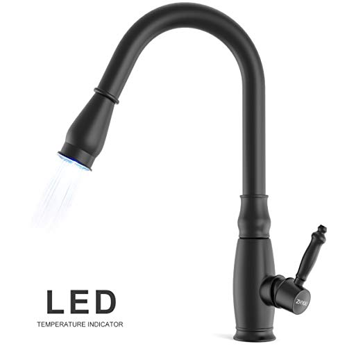 Product Cover Black Kitchen Faucet with Pull Down Sprayer and Led Indicator Light to Reflect Water Temperature, Single Handle Commercial High Arc One Hole Pull Out Spray Head Sink Faucets 
