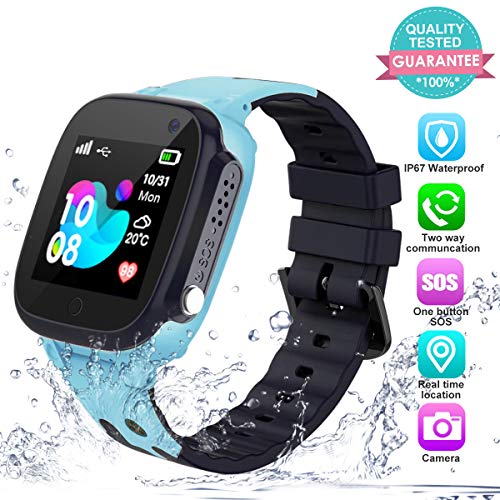 Product Cover Kids Smart Watch, IP67 Waterproof Smart Watch Phone with LBS Positioning SOS Two-Way Call Touch Screen Anti-Lost for Boys and Girls Back to School Supplies (Blue)